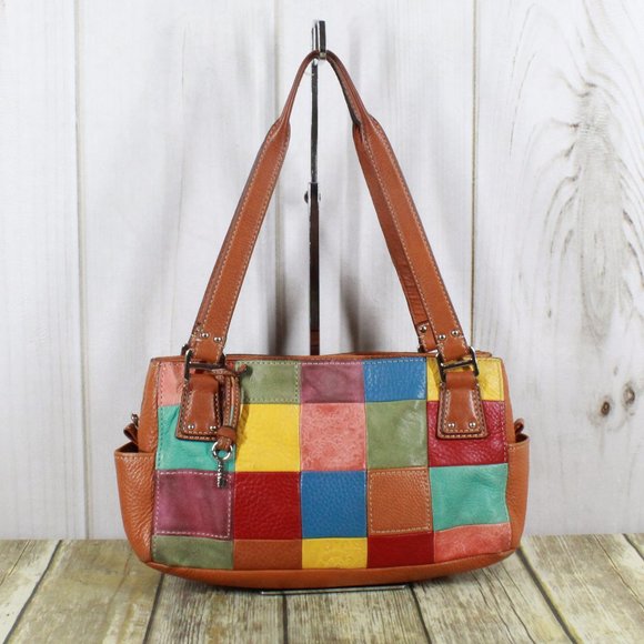 Fossil Handbags - FOSSIL Brown Leather Multicolor Patchwork Handbag